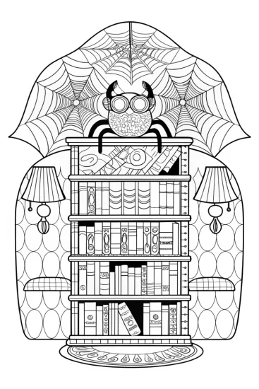 A coloring page of Spider Librarian in a Bookish Wonderland Coloring Page
