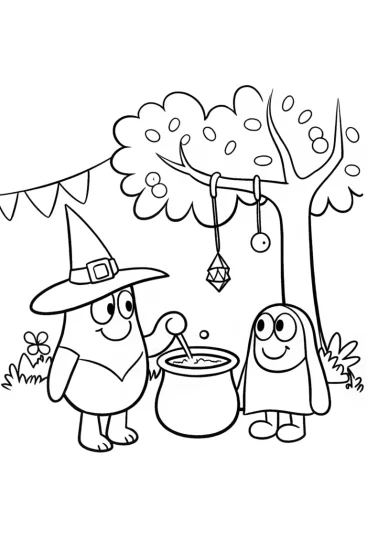 A coloring page of Bluey and Bingo’s Magical Potion Party Coloring Page