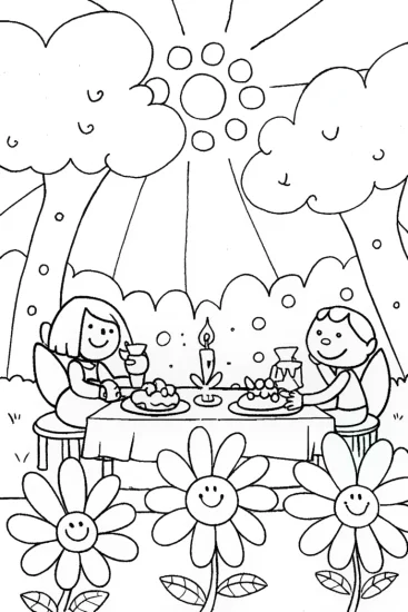 A coloring page of Fairy Picnic in the Enchanted Meadow Coloring Page