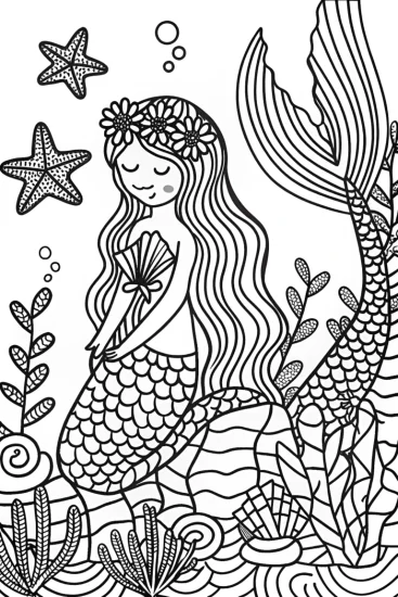 A coloring page of Mermaid in her celestial garden