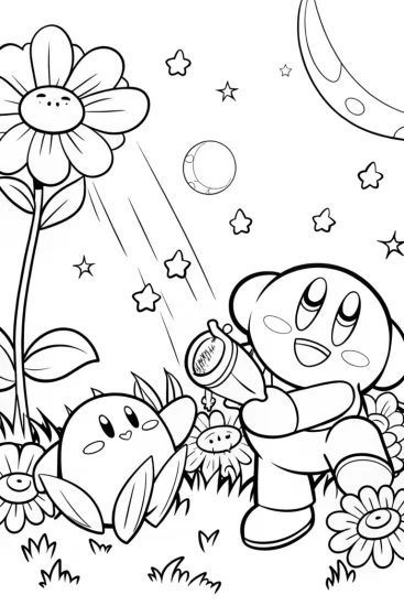 A coloring page of Kirby in the cosmic flower patch