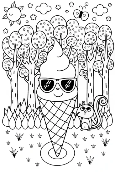 A coloring page of Ice Cream Adventure in the Enchanted Forest
