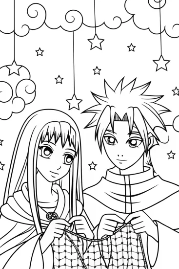 A coloring page of Anime Dream Weavers at the Celestial Loom Coloring Page