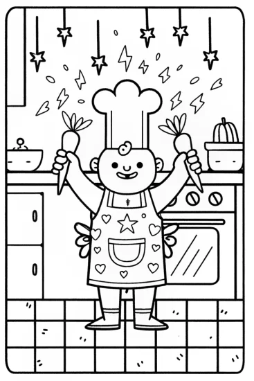 A coloring page of Lightning Chef’s Whimsical Kitchen Coloring Page
