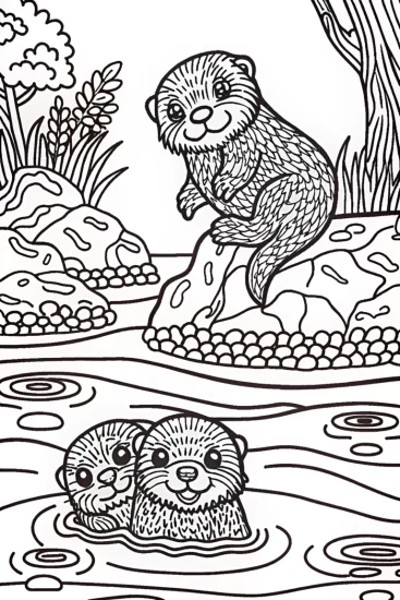 A coloring page of Playful Otter Family Coloring Page