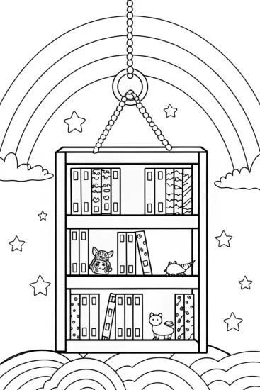 A coloring page of Rainbow Stories: The Colorful Bookshelf
