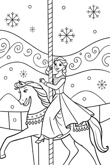 A coloring page of Elsa on the sparkling ice carousel