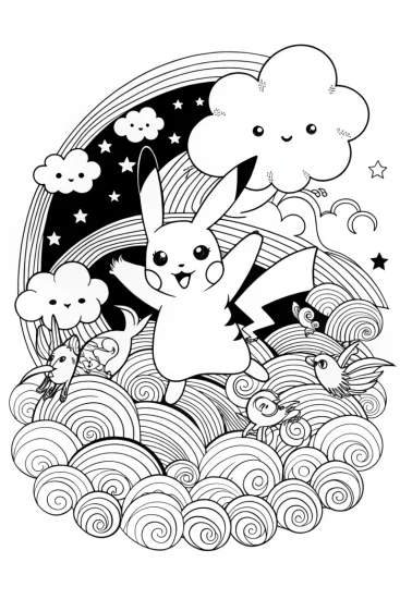 A coloring page of Pikachu’s Dreamy Clouds Adventure Coloring Page