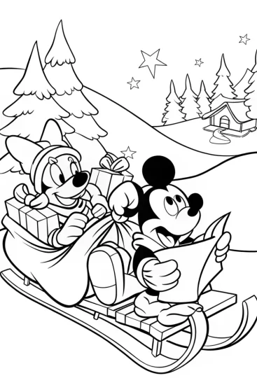 A coloring page of Mickey Mouse and Minnie Sleigh Ride Coloring Page