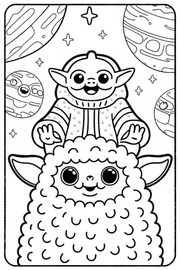 A coloring page of Baby Yoda’s Space Safari Coloring Page