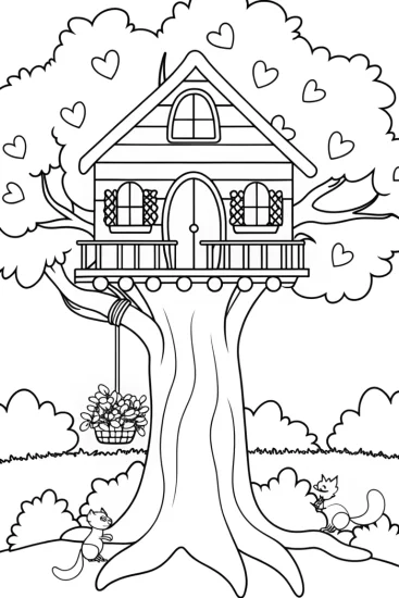 A coloring page of Springtime Treehouse Adventure Coloring Page