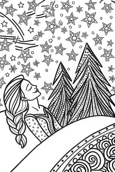 A coloring page of Elsa’s Enchanted Starry Night Coloring Page