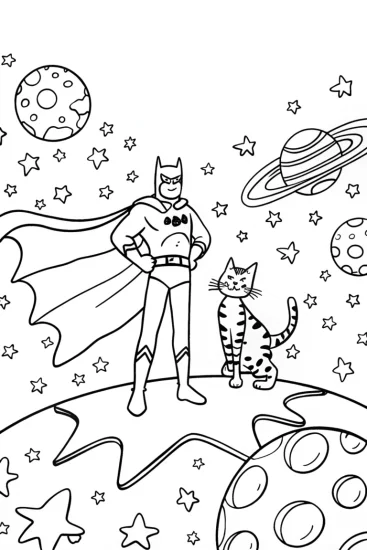 A coloring page of Batman and the Cosmic Cat Coloring Page