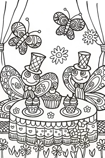 A coloring page of Butterfly Tea Party Coloring Page