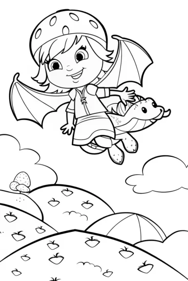A coloring page of Strawberry Shortcake and her flying dragon