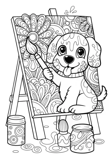 A coloring page of Puppy Artistry Coloring Page
