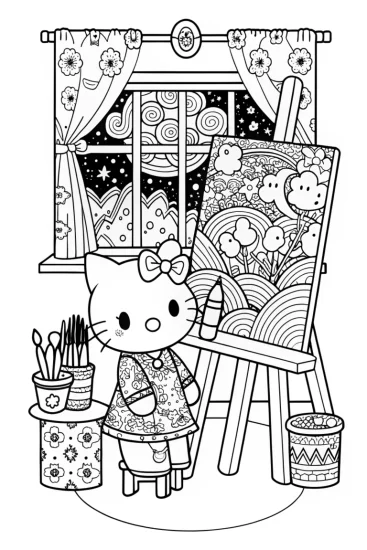 A coloring page of Hello Kitty’s Starry Art Studio Coloring Page