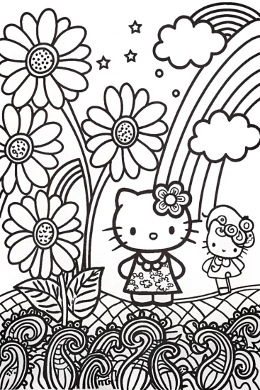 A coloring page of Hello Kitty’s Enchanted Garden Coloring Page