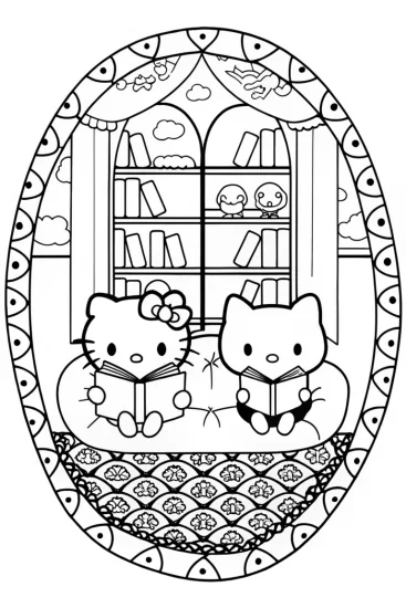 A coloring page of Hello Kitty’s Cozy Book Nook Coloring Page