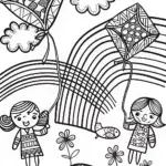 Coloring page of kite-flying joy