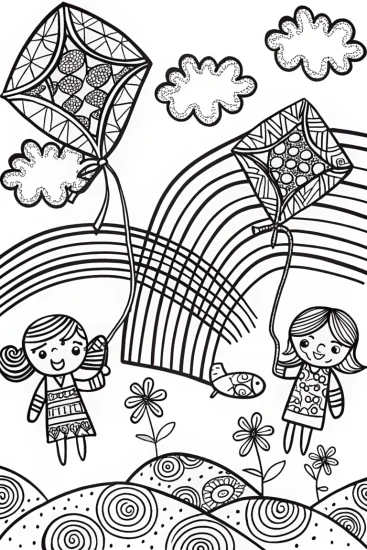 A coloring page of Coloring page of kite-flying joy