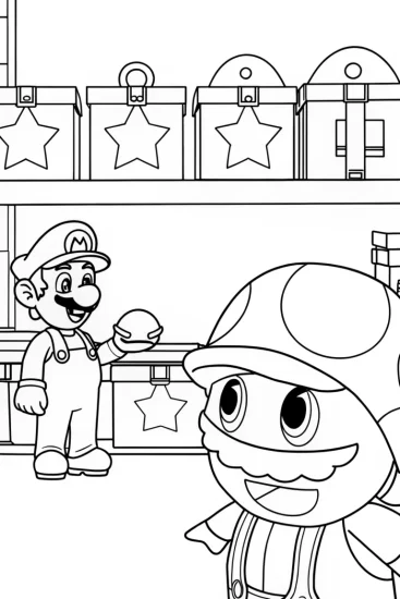A coloring page of Mario and Toad’s Item Shop Coloring Page