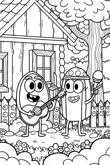A coloring page of Bluey and Bingo’s Creative Instrument Jam Coloring Page