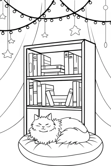 A coloring page of Bella the Cat in a Cozy Book Nook Coloring Page