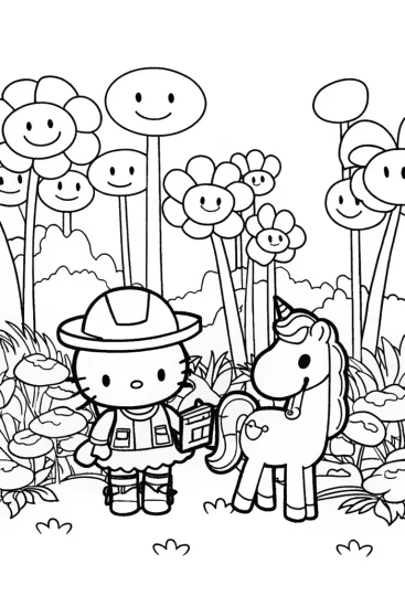 A coloring page of Hello Kitty’s Enchanted Forest Adventure Coloring Page