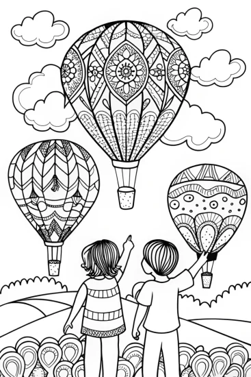 A coloring page of Floating Fantasy: A Summer Balloon Adventure