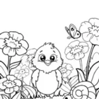 Chick exploring a whimsical garden