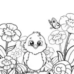 Chick exploring a whimsical garden