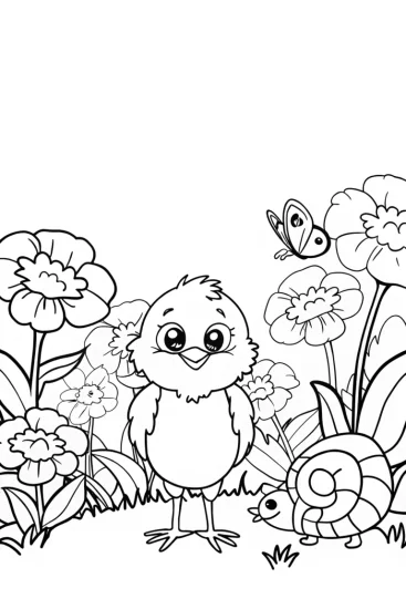 A coloring page of Chick exploring a whimsical garden