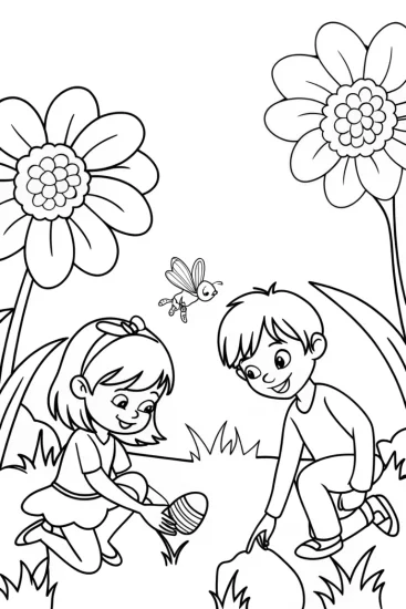A coloring page of Easter Egg Hunt in the Enchanted Garden Coloring Page