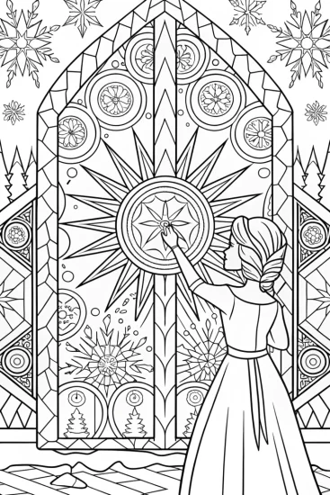A coloring page of Elsa and the Enchanted Ice Mirror Coloring Page