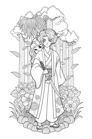 A coloring page of Demon Slayer and Ethereal Lion Spirit Coloring Page