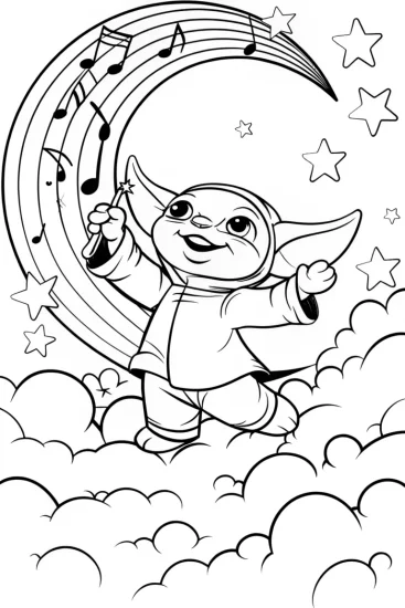 A coloring page of Baby Yoda’s Musical Moonlight Dance Coloring Page