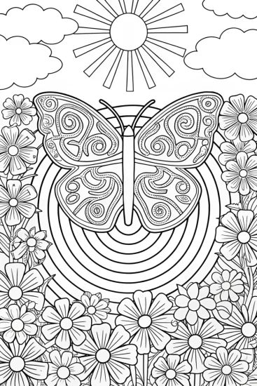 A coloring page of Butterfly Explorer in a Flower Labyrinth Coloring Page