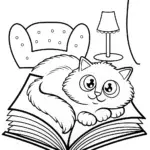 Fluffy Cat in a Cozy Reading Nook Coloring Page