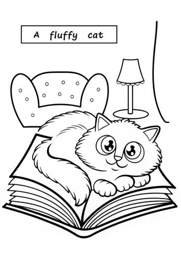 A coloring page of Fluffy Cat in a Cozy Reading Nook Coloring Page