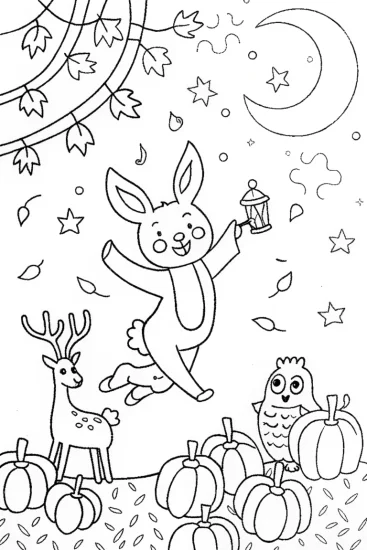 A coloring page of Whimsical woodland creatures under the harvest moon