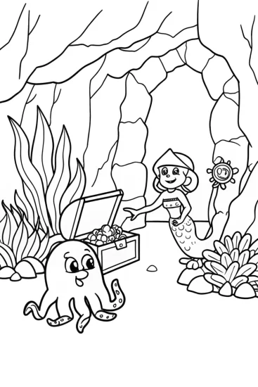 A coloring page of Mermaid Treasure Hunt Coloring Page