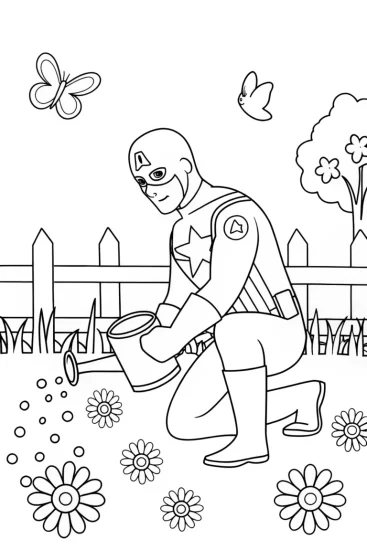 A coloring page of Captain America in the Virtue Garden Coloring Page