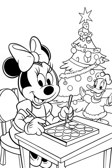 A coloring page of Minnie Mouse Christmas Workshop Coloring Page