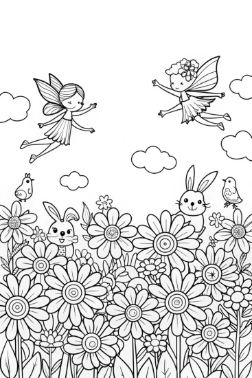 A coloring page of The Enchanted Spring Garden Coloring Page