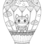 Cheerful Cat’s Balloon Adventure Coloring Page