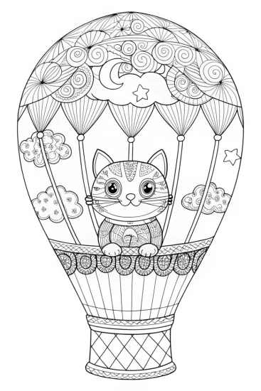 A coloring page of Cheerful Cat’s Balloon Adventure Coloring Page