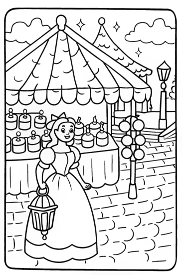 A coloring page of Belle and the Beast in the Enchanted Market Coloring Page