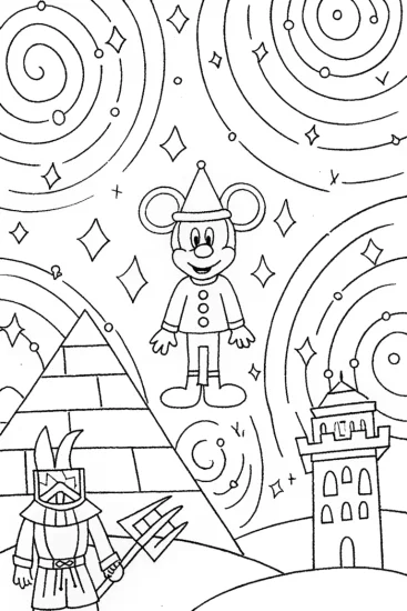 A coloring page of Mickey Mouse’s Time-Traveling
