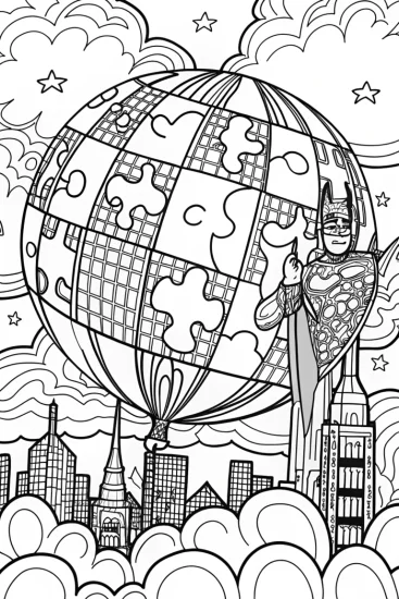 A coloring page of Batman and the Puzzle of the Enchanted City